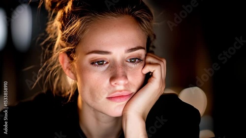Stressed businesswoman works late on laptop as camera slowly pushes in on tired thoughtful expression. 4K.
