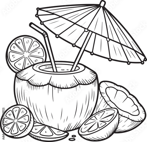 Refreshing Coconut Drink with Orange Slices A Tropical Illustration