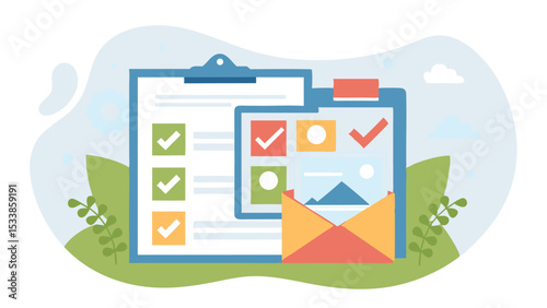 Illustration of clipboards with check marks and an envelope on a landscape background design