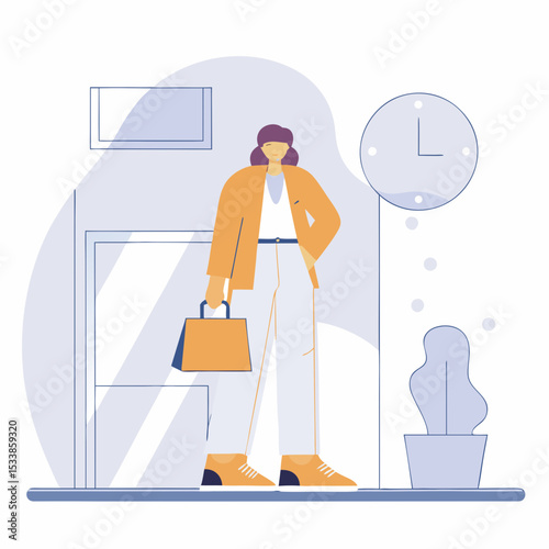 Fashionable Woman Standing with Shopping Bag and Clock - Modern Lifestyle, Retail Therapy, and Time Management Concepts