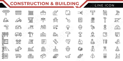 Construction & building icon set. Vector illustration of architecture, bulldozer, tools, foundation, cement, construction, crane, wall, building, palette, and bulldozer