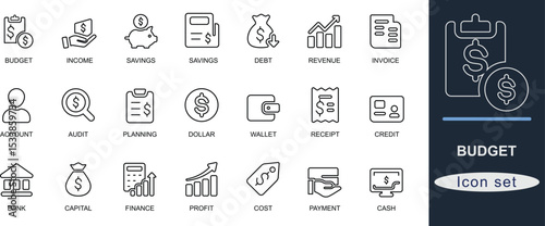 A line art budget icon set. Featuring finance, expense, savings, tax, income, and planning symbols. Ideal for business, accounting, and UI design projects