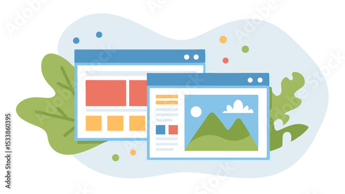 Two web pages with different layouts and a green leaf on a light blue and white background art work