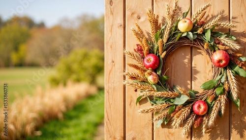 Wreath of apples and wheat hanging on wooden wall in autumn garden concept of Apple Church holiday  