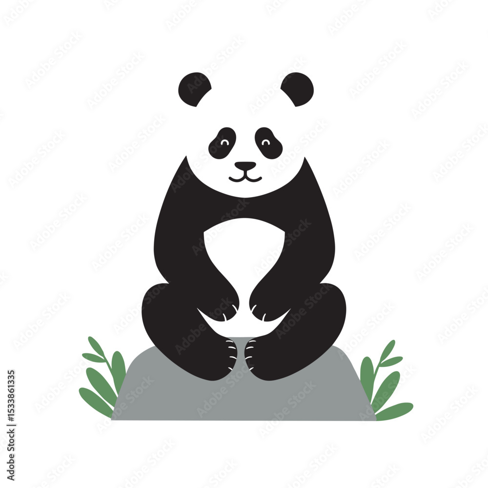 Fototapeta premium Cartoon panda sitting peacefully against a plain background, symbolizing tranquility