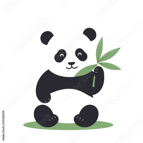 Cute cartoon panda holding a bamboo branch against a plain white background