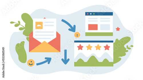 Illustration showing email marketing flow with open email, website, and customer feedback