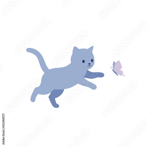 Playful blue cat chasing a delicate butterfly in a serene, minimalist setting
