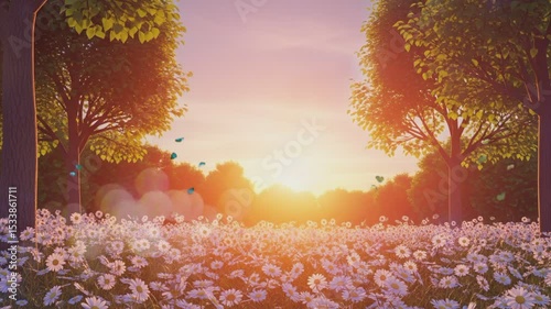 sunset in the forest with daisy flowers field 