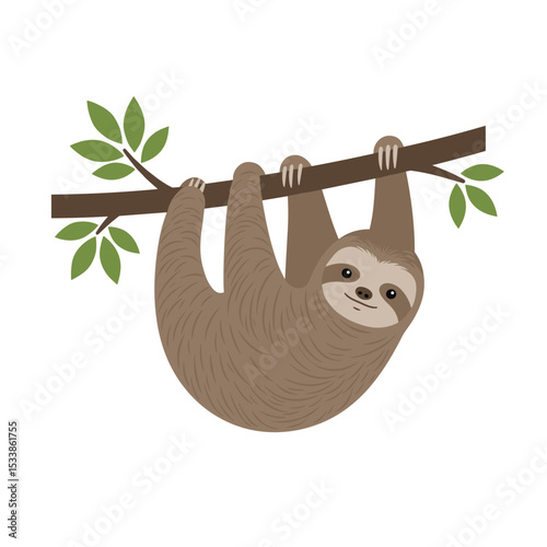Cute sloth hanging from a branch with green leaves in a simplistic, playful style