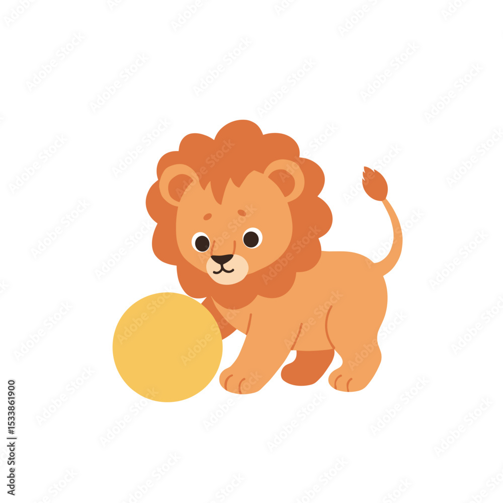 Obraz premium Cute cartoon lion playing with a ball in a simple, colorful background setting