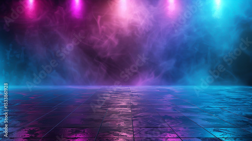 Modern sci-fi 3D technology background featuring colorful neon geometry, virtual empty space with dramatic lighting, clean street studio floor, surreal and immersive VR-ready atmosphere
