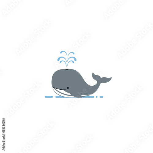 Cartoon whale spouting water in a serene ocean setting, perfect for children's themes