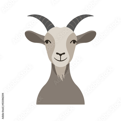 Cheerful goat illustration with prominent horns, set against a minimalistic background