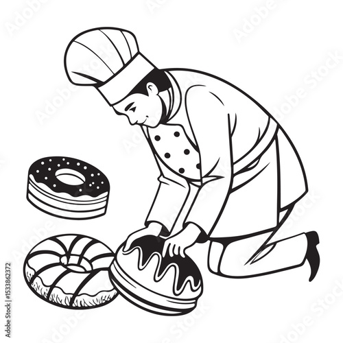 "Black and White Illustration of a Pastry Chef Decorating Giant Donuts – Retro Bakery Style"

