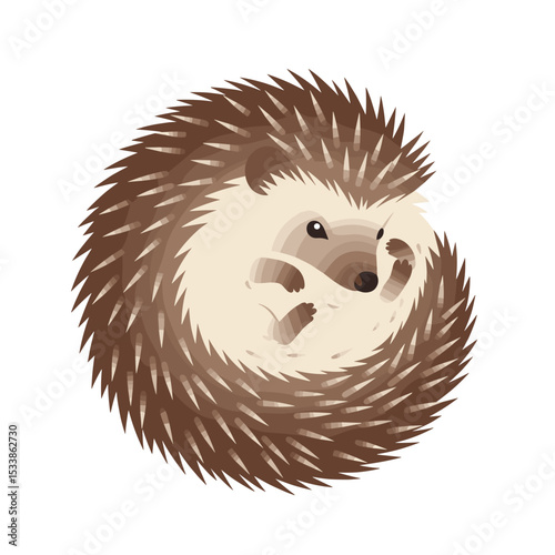 Cute cartoon hedgehog curled up in a cozy forest setting with soft colors and textures