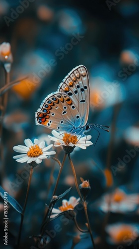 Butterfly on white flowers, dark blue background.