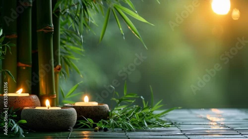 Tranquil image of lit candles surrounded by lush bamboo and leaves at sunset, creating a serene atmosphere perfect for relaxation and meditation. Warm lighting enhances the calming scene.