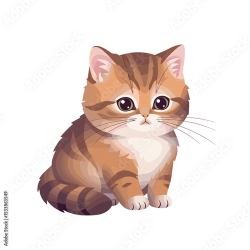 Cute cartoon cat with big eyes sitting against a plain white background