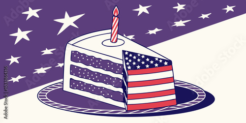 4 July 2025, patriotic US flag design piece of cake with stars, a symbol of American independence day celebration in purple and white background vector illustration.