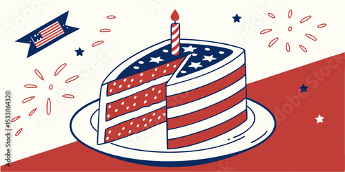 4 July 2025, patriotic US flag design piece of cake with stars, a symbol of American independence day celebration in red and white background vector illustration.