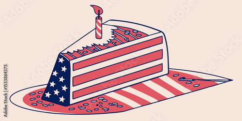 4 July 2025, patriotic US flag design piece of cake with stars, a symbol of American independence day celebration in  pink background vector illustration.