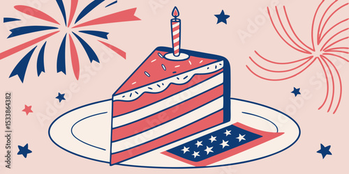 4 July 2025, patriotic US flag design piece of cake with stars, a symbol of American independence day celebration in pink background vector illustration.