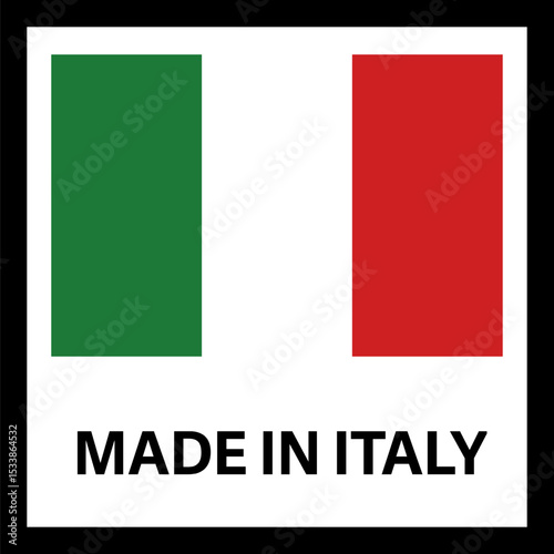 Made in Italy label for products illustration isolated on white background. Square exporting stamp with italian flag, certificate element