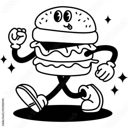 Retro Burger Guy Cartoon. Vector Illustration of Old Fashion Vintage Happy Concept. Street Food Boy Walk.