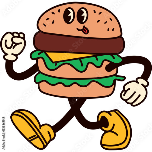 Retro Style Burger Guy Isolated. Vector Illustration of Old Fashion Vintage Cartoon Happy Concept. Street Food Menu.