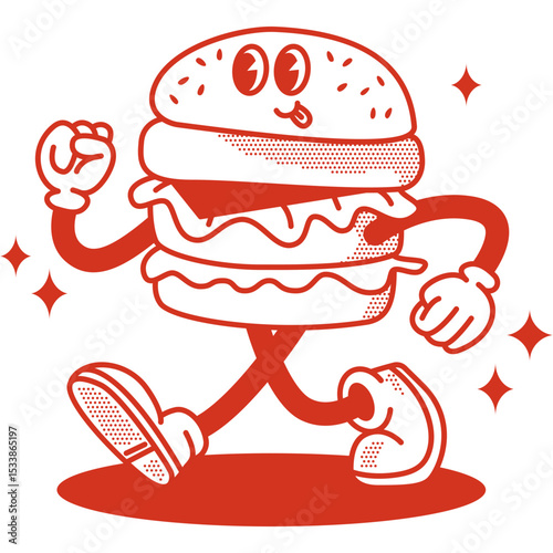 Retro Burger Guy Web Banner. Vector Illustration of Old Fashion Vintage Cartoon Happy Concept. Street Food.
