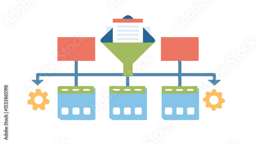 Illustration showing a data filtering process with rectangular boxes and gears connected