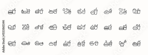 Set of Food Icons in Simple Line Style Representing Meals, Snacks, Fruits, Vegetables, and Drinks