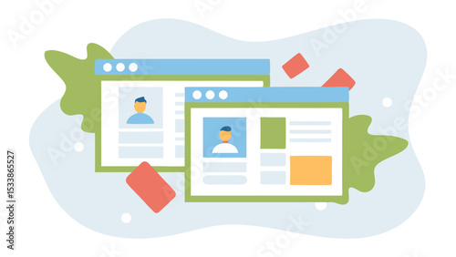 Two webpage windows displaying user profiles with abstract shapes in a light background design
