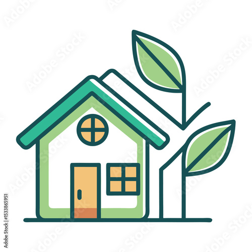 Vector Line Art of Eco House with Leaf Roof on White Background