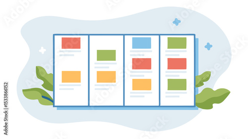 Illustration of a kanban board with colorful cards and leaves on a light blue background design