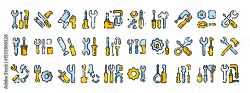 Set of Colorful Repair and Maintenance Tool Icons – Wrench, Screwdriver, Gear, Hammer, Toolbox for Construction and DIY