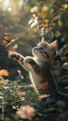 Kitten playfully reaches for butterfly, garden setting.