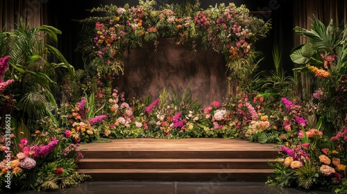 Lush floral stage backdrop with wooden steps, vibrant pink, orange, and purple flowers, green foliage, creating a romantic and elegant setting.