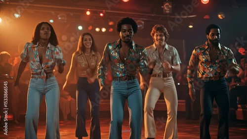 Energetic group of diverse young adults having a funky time dancing in a retro disco