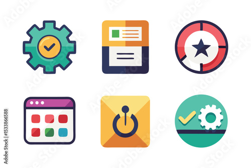 A collection of colorful vector icons representing settings and general business functions