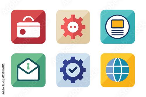 Collection of colorful flat design icons representing various technology and business concepts