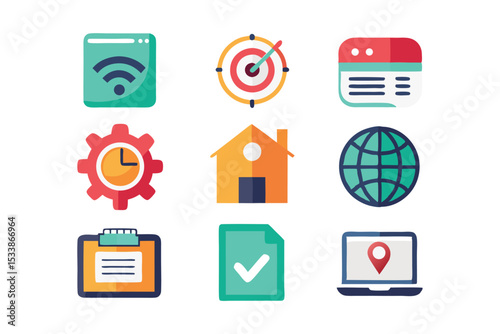 Collection of colorful flat icon set illustrating technology business and global communication concepts