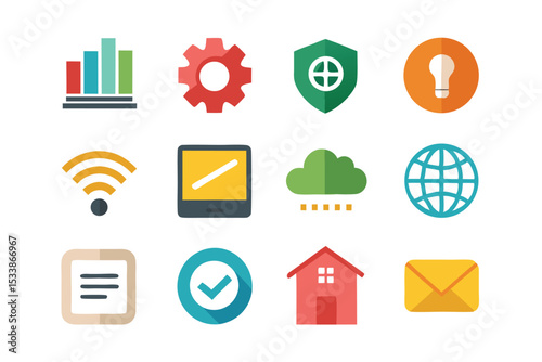 Collection of colorful flat icon designs representing various digital and technological concepts