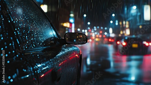 Rain-streaked vehicle, city lights blurred, nighttime drive.