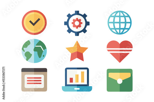 Collection of flat vector icons representing time, settings, globe, earth, star, and other symbols.