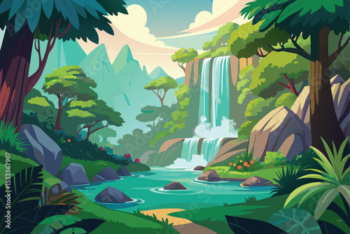 Tropical island paradise: palm trees, sandy beaches, and lush green jungle against a summer sky and clear ocean water
