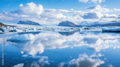 Glacial lake, icebergs, mountains, sky reflection.