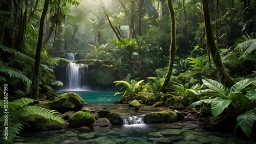 Tropical Rainforest with Gentle Stream and Small Waterfall