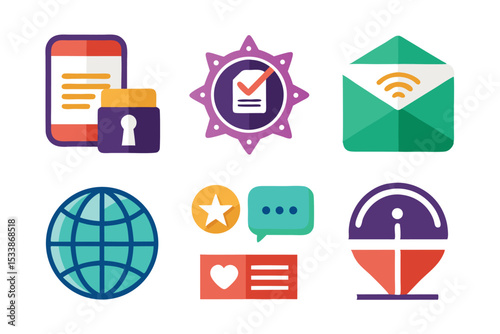 Colorful flat design icons representing digital communication security and global connection